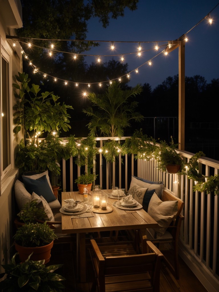 Fairy lights: Enhance the ambiance with fairy lights strung along the balcony railing or wrapped around potted plants.