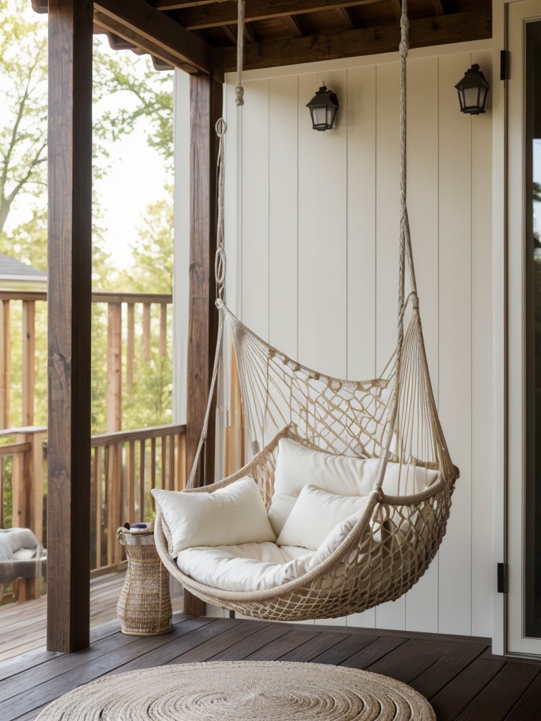 Hanging hammock chair: Create a cozy nook with a hanging hammock chair for a relaxing outdoor retreat.