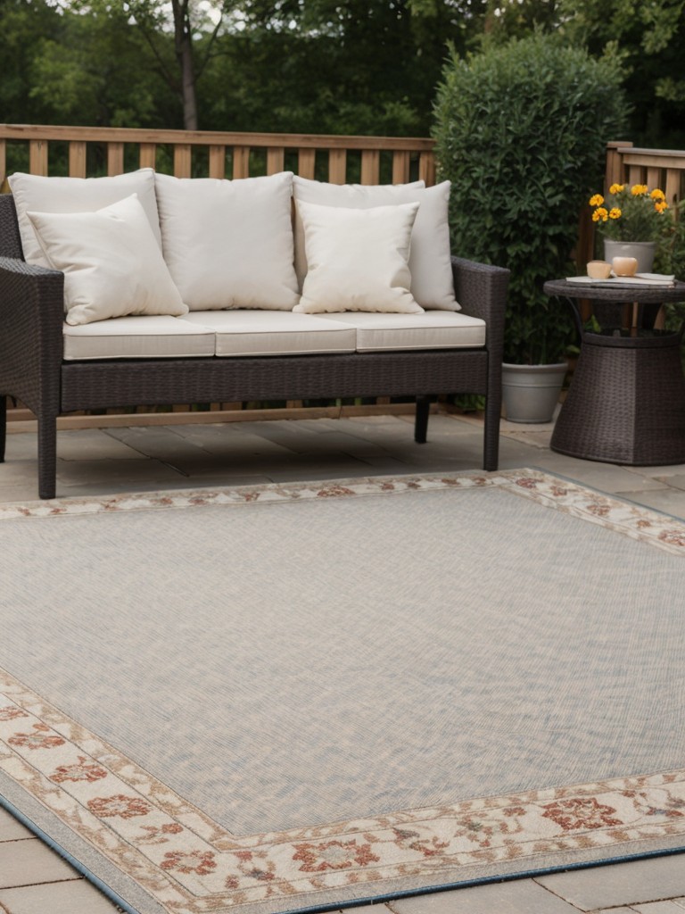 Outdoor rug: Add warmth and softness with a colorful outdoor rug to create an inviting space.
