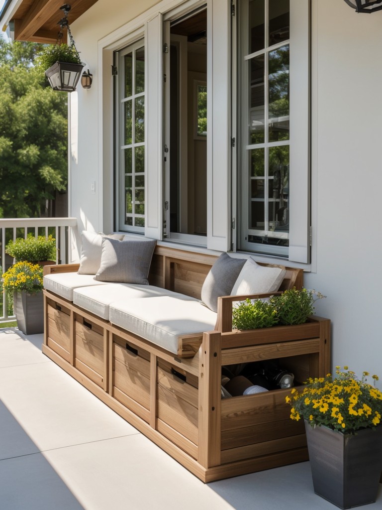 Space-saving storage: Make use of balcony corners with built-in storage benches or hanging baskets to keep your outdoor essentials organized.