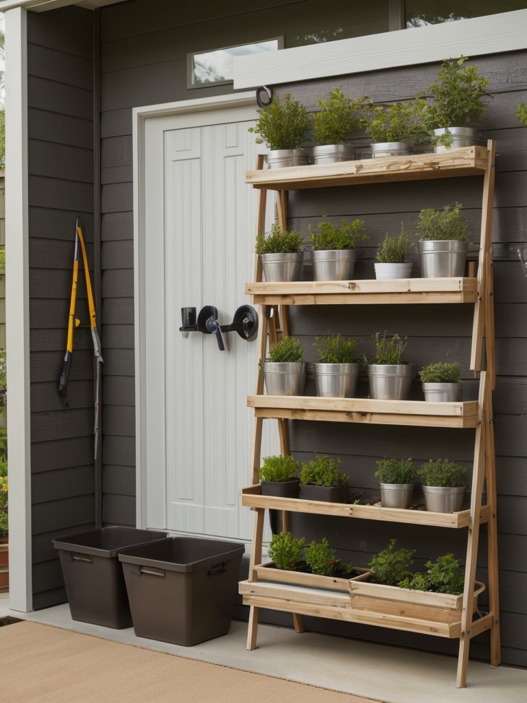 Vertical storage: Utilize wall space with mounted shelves or hanging hooks for tools, gardening supplies, or outdoor decor.