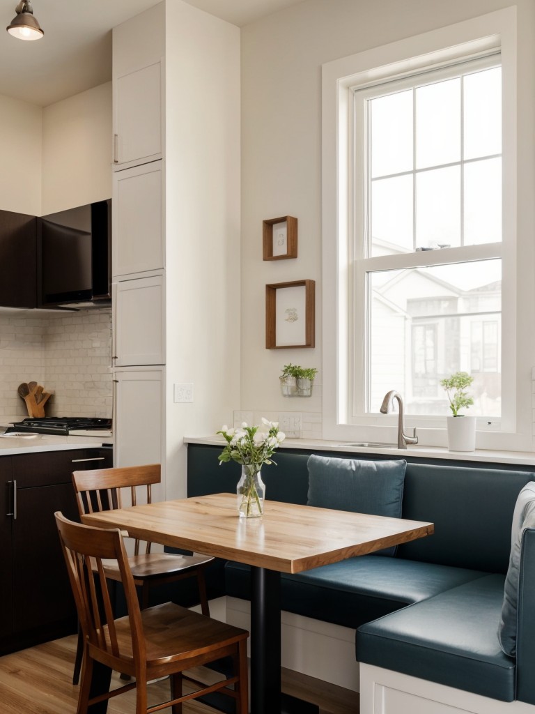 Consider incorporating a small breakfast nook or bar seating area in the kitchen for casual dining or quick meals, maximizing every inch of your small apartment.