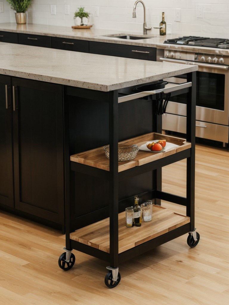 Consider using a kitchen island or a bar cart with wheels for added flexibility, allowing you to easily move it to different areas in the apartment depending on your needs.