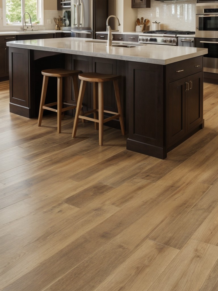 Create a cohesive design by using the same flooring material throughout the kitchen and living room, such as hardwood or vinyl planks.