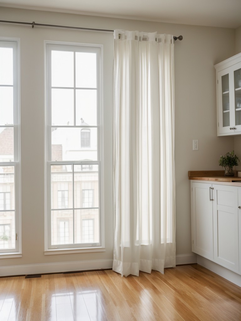 Employ a combination of curtains and room dividers to visually separate the kitchen and living room areas while maintaining an open and airy feel.