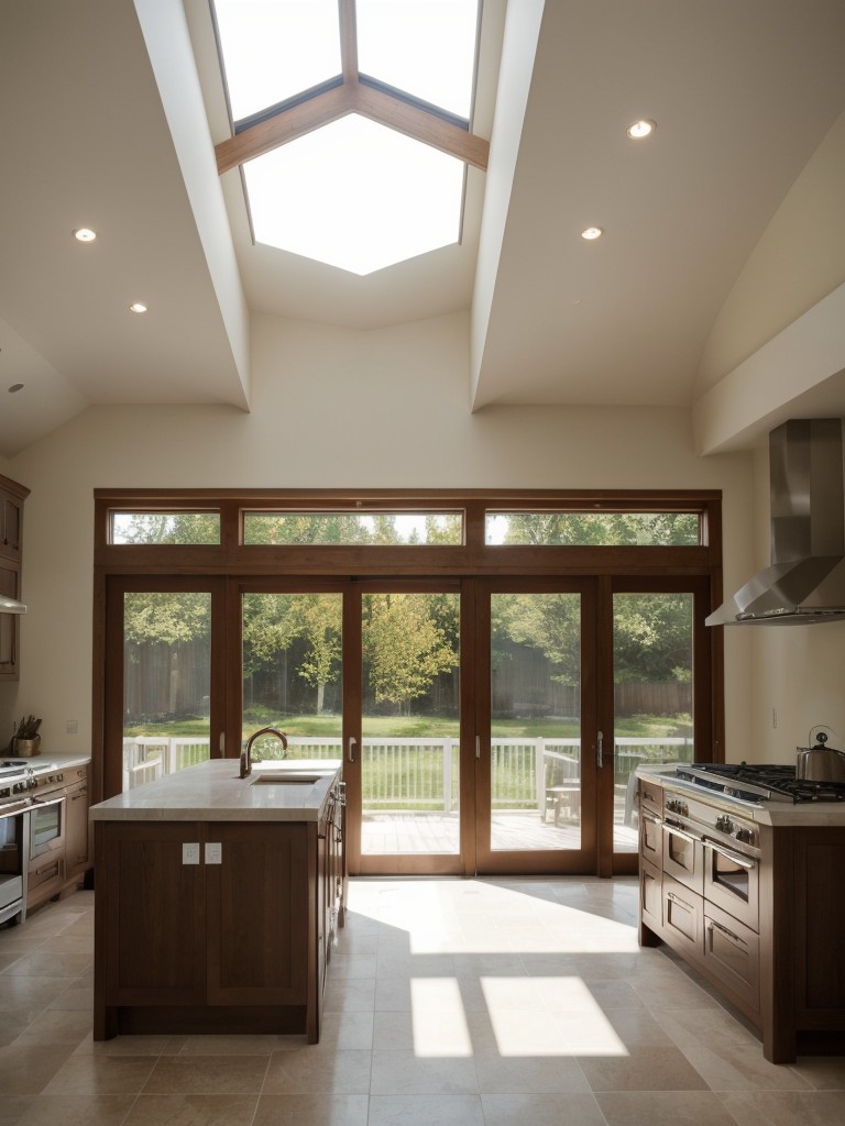 Enhance the visual appeal and bring natural light into the space by incorporating large windows or a skylight, giving the impression of a larger kitchen and living room area.