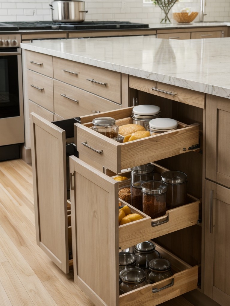 Incorporate a kitchen island with built-in storage such as drawers or cabinets to keep your cooking essentials organized and accessible.