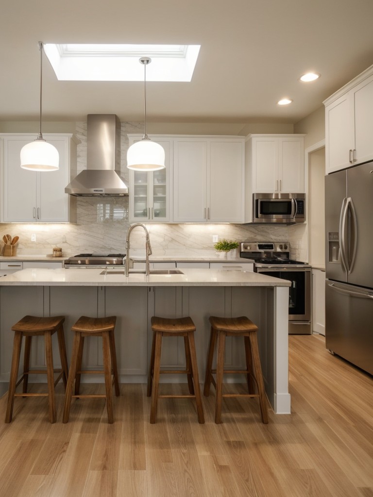 Install recessed or pendant lighting in the kitchen area and track lighting or floor lamps in the living room to create distinct zones and enhance the functionality of each space.