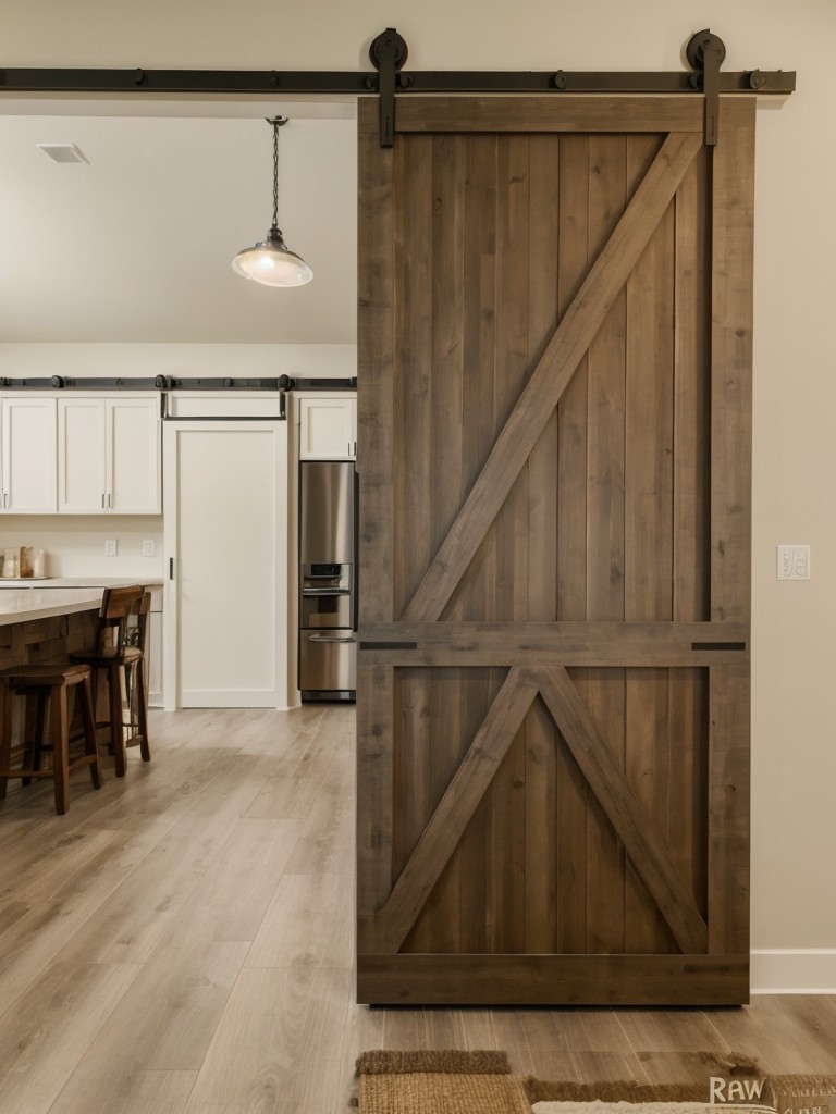 Install a sliding barn door or room divider to visually separate the kitchen and living room areas while maintaining an open concept flow.