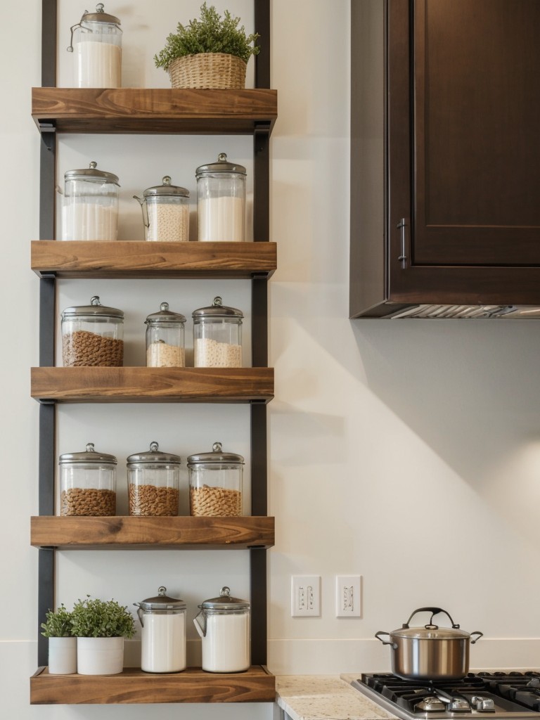 Maximize vertical and wall space by installing floating shelves or hanging pot racks to showcase your kitchen essentials or display decorative items.