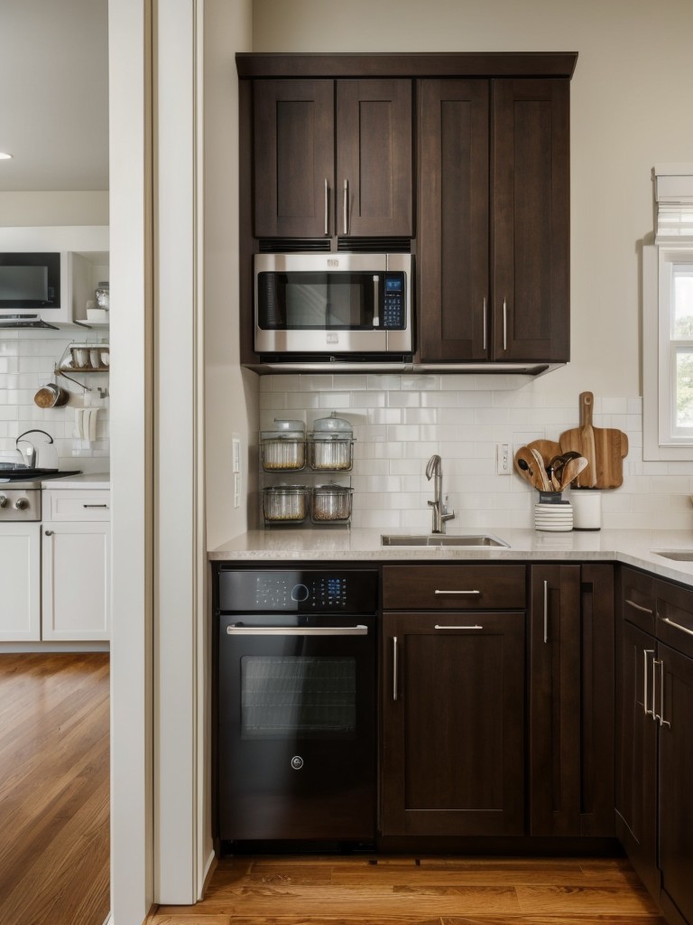 Opt for space-saving kitchen appliances such as a combination microwave and toaster oven, a compact refrigerator, or a slim dishwasher to maximize counter and storage space.