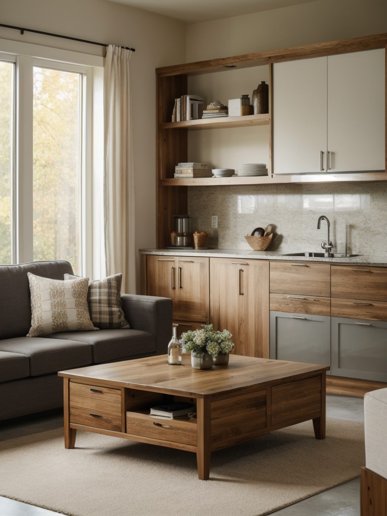 Use multifunctional furniture such as a storage ottoman or a coffee table with built-in shelves or drawers, providing additional storage options for both the kitchen and living room.