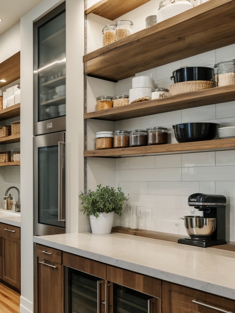 Utilize open shelving to maximize storage space and showcase your stylish kitchenware and decor, while creating a seamless flow from the kitchen to the living room.