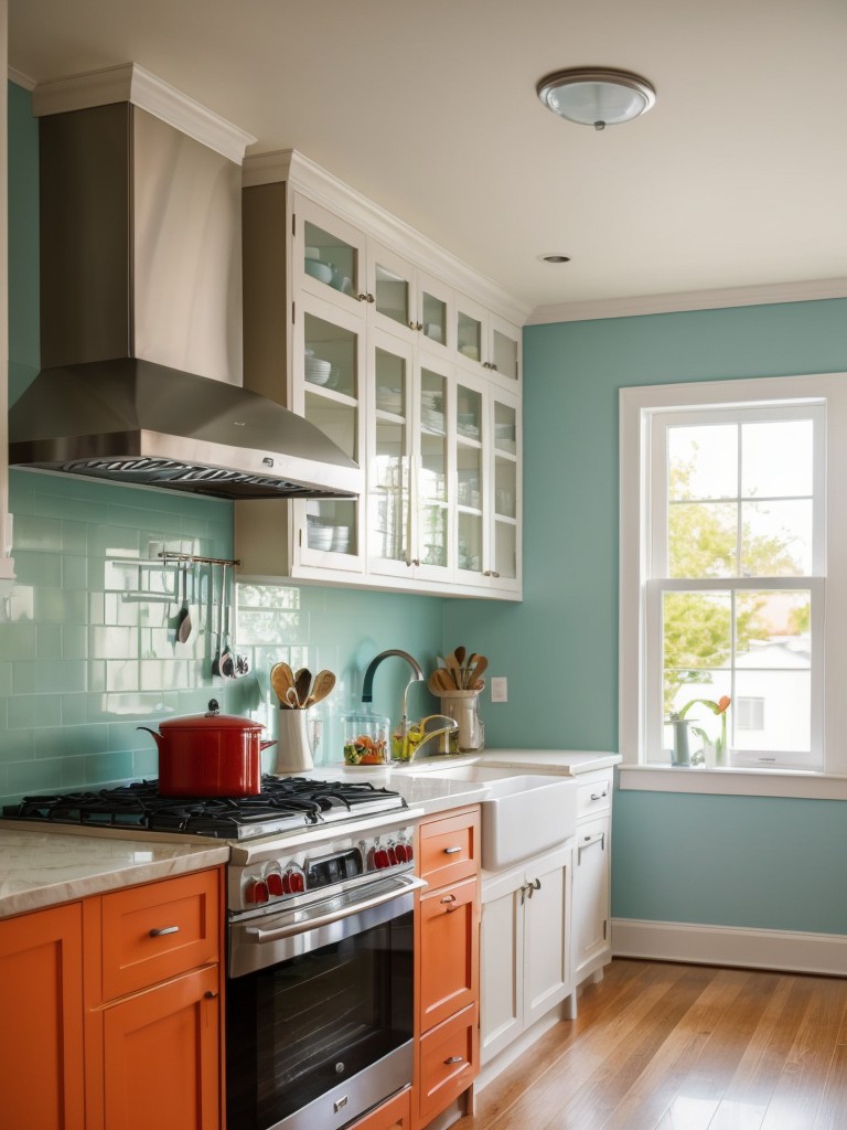 Decorate with vibrant kitchen accessories, such as colorful dishware and decorative jars.