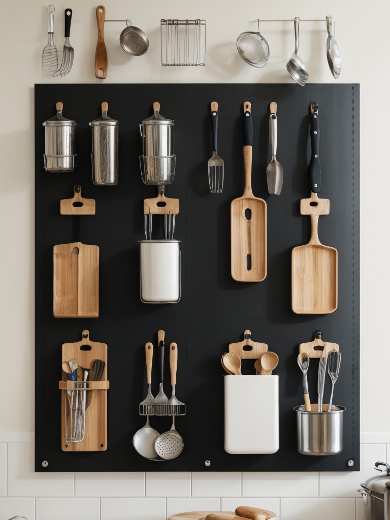 Hang a pegboard on the wall to organize and display cooking utensils and other kitchen essentials.