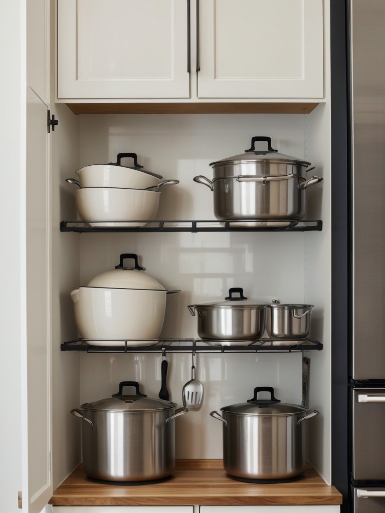 Hang pots and pans on a wall-mounted rack to free up cabinet space.