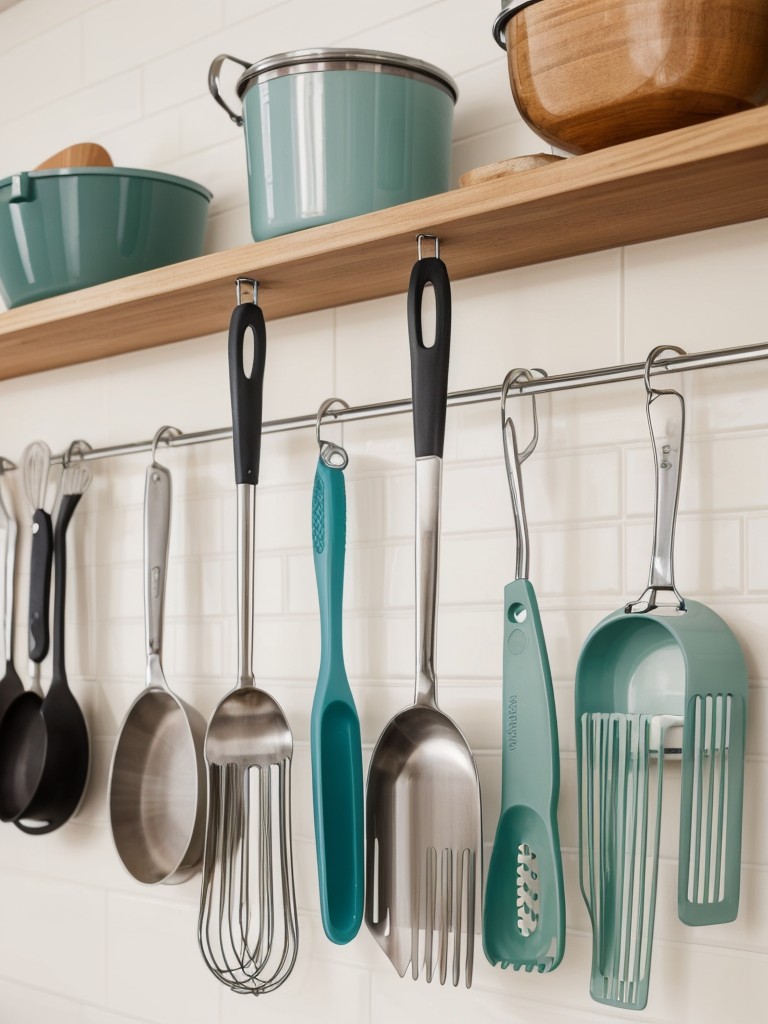 Use a tension rod and kitchen hooks to create a hanging utensil storage solution.