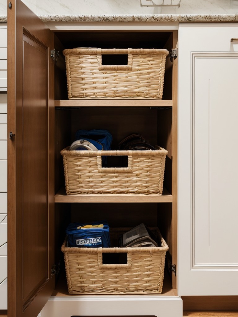 Utilize the space above the cabinets for additional storage by placing decorative baskets or bins.