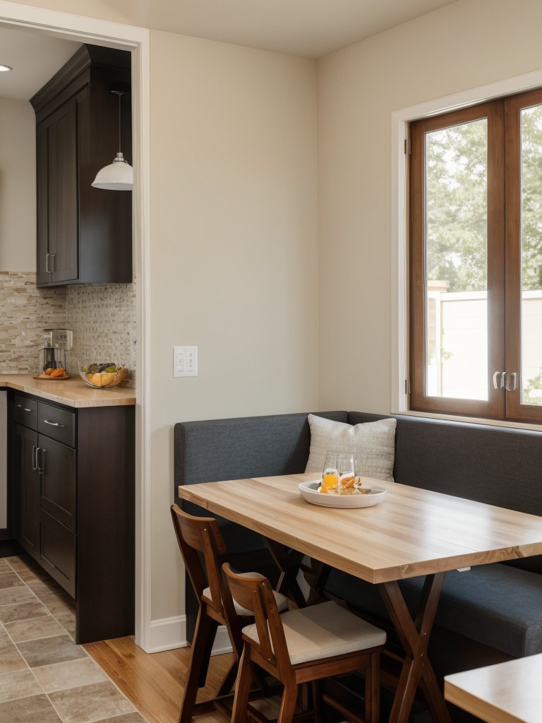 Creating a breakfast nook with built-in seating and a space-saving folding table, perfect for casual dining and socializing.