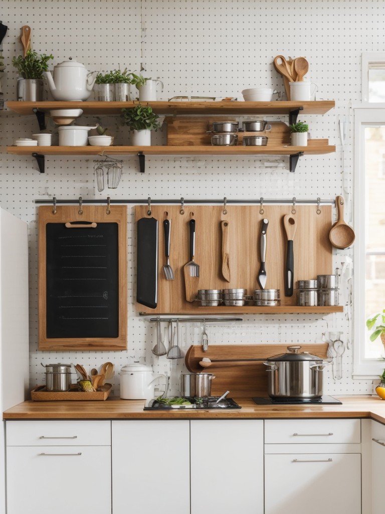 Including a pegboard or magnetic board for storing and displaying cooking utensils, cutting boards, and spices.