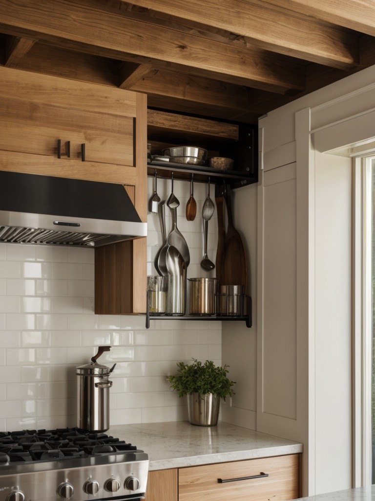 Incorporating a ceiling-mounted pot rack to free up cabinet space and add an eye-catching design element.