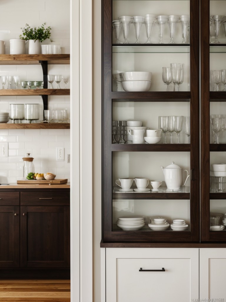 Installing open shelving or glass-front cabinets to create an illusion of more space and showcase decorative dishes or glassware.