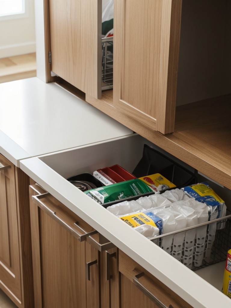 Utilizing pull-out or built-in organizers for trash and recycling bins to keep them hidden and easily accessible.
