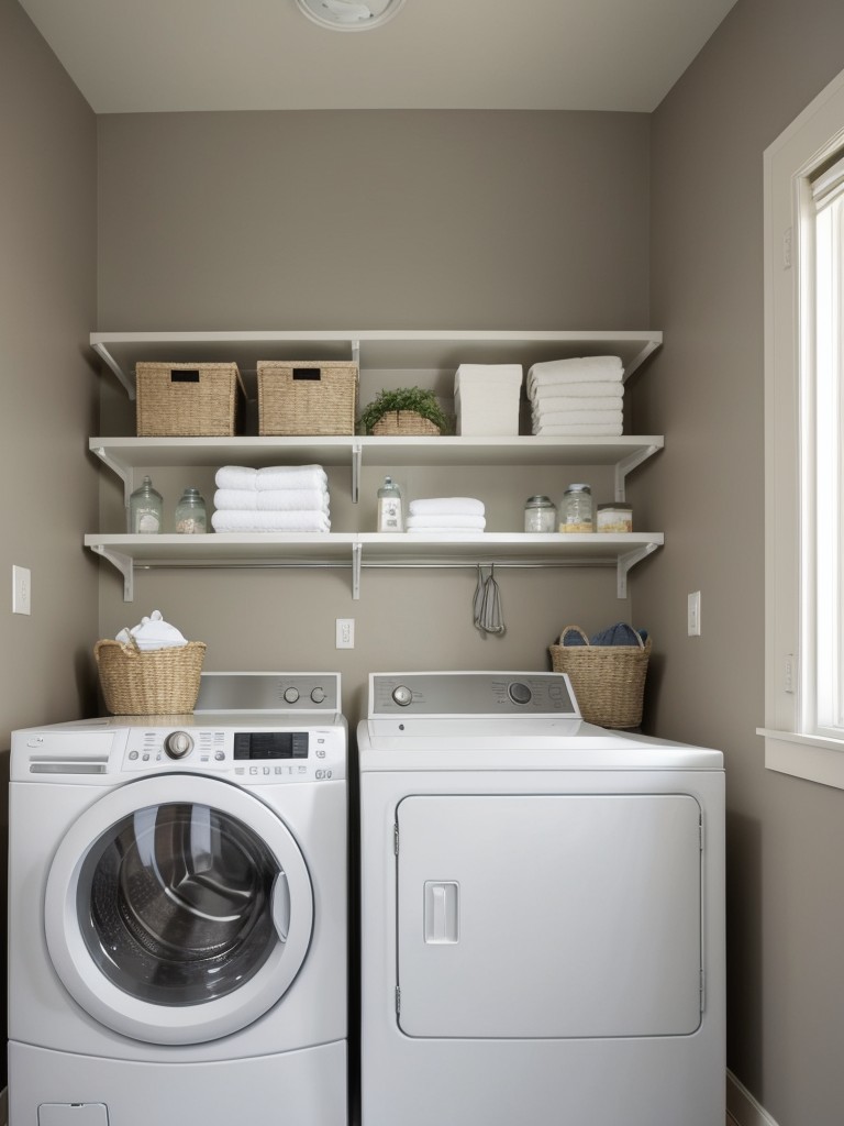Add a touch of decor by incorporating artwork or wall decals to inject personality into the laundry room while keeping it visually appealing.
