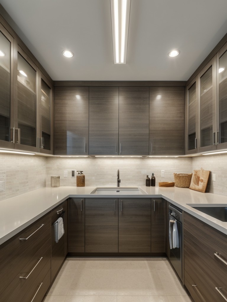 Incorporate efficient lighting fixtures such as overhead recessed lighting or under-cabinet LED lighting to ensure a well-lit and functional laundry space.