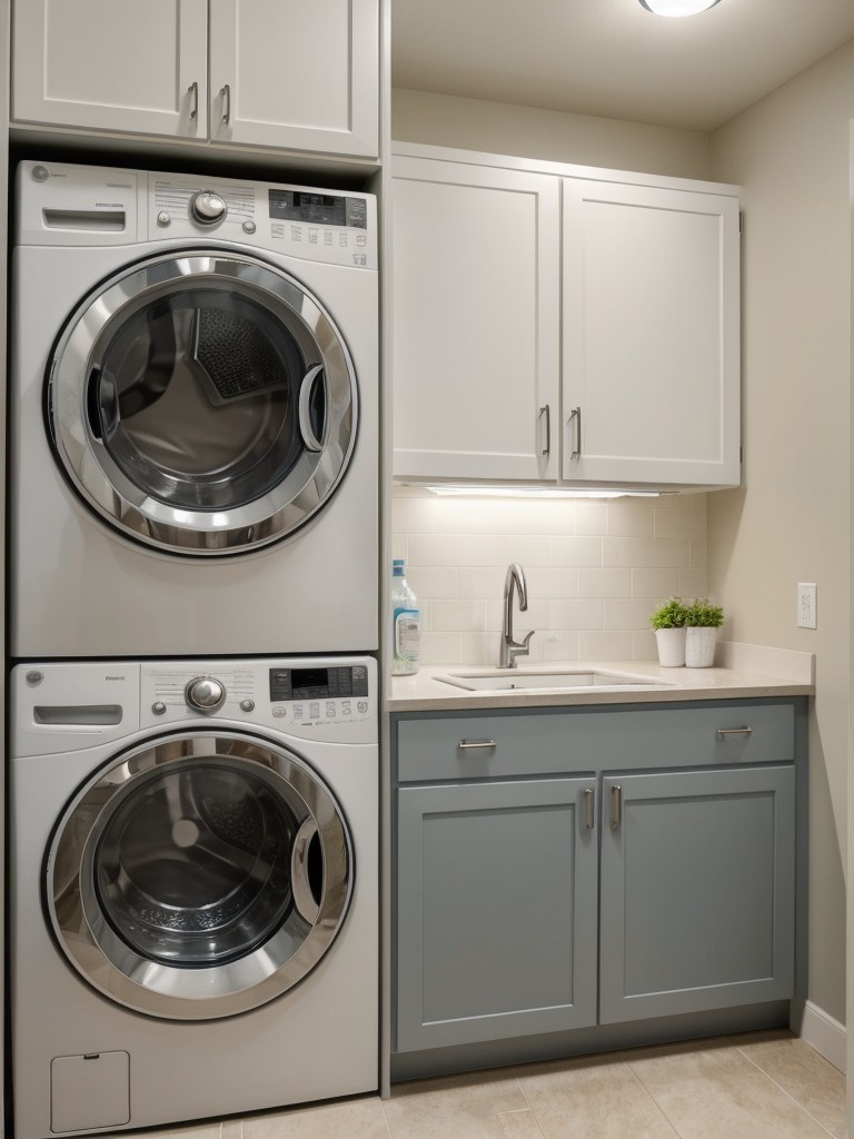 Incorporate space-saving solutions such as a stackable washer and dryer unit or a combination washer-dryer to maximize the functionality of a small laundry room.