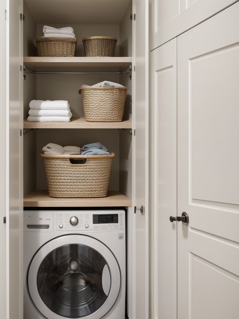 Incorporate a stylish and functional laundry hamper that seamlessly blends with the overall design aesthetic of the apartment.