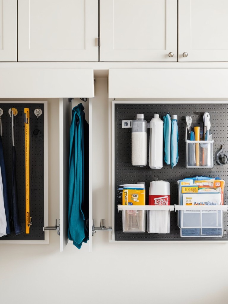 Install adhesive hooks or a wall-mounted pegboard to keep frequently used items like hangers, lint rollers, and ironing tools easily accessible.