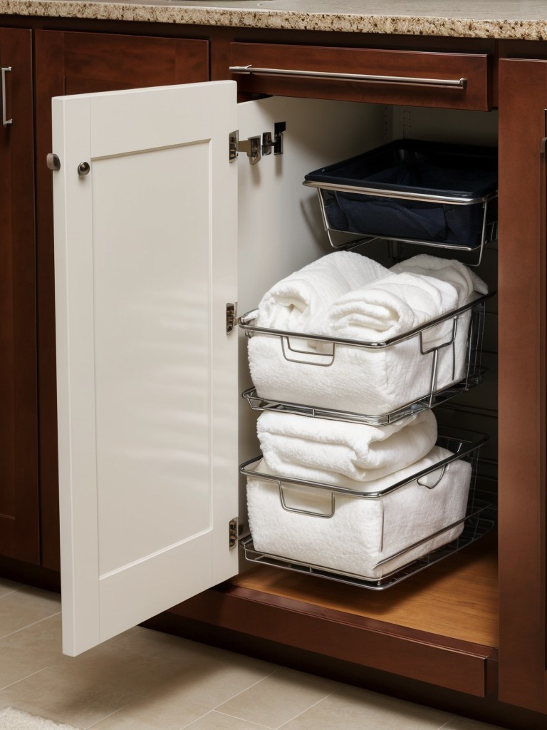 Make use of the inside of cabinet doors by installing hooks or small organizers for easy access to frequently used items like stain removers and dryer sheets.