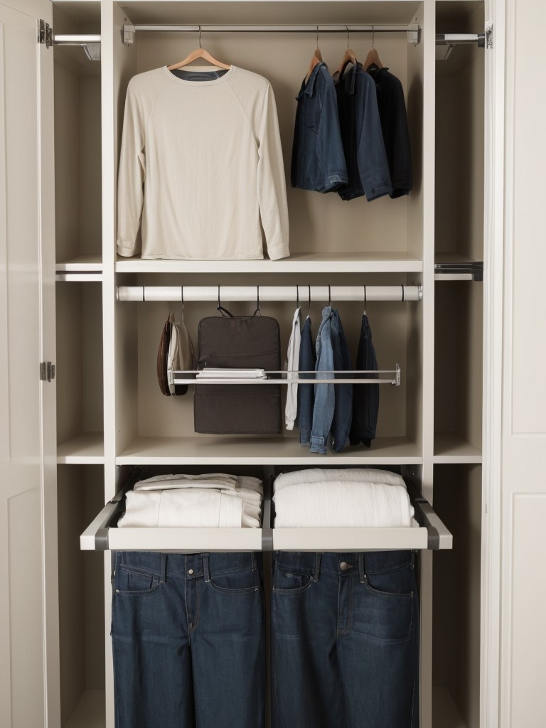 Opt for a space-saving, retractable clothes rod that can be mounted on a wall or inside a cabinet to create a temporary hanging space when needed.