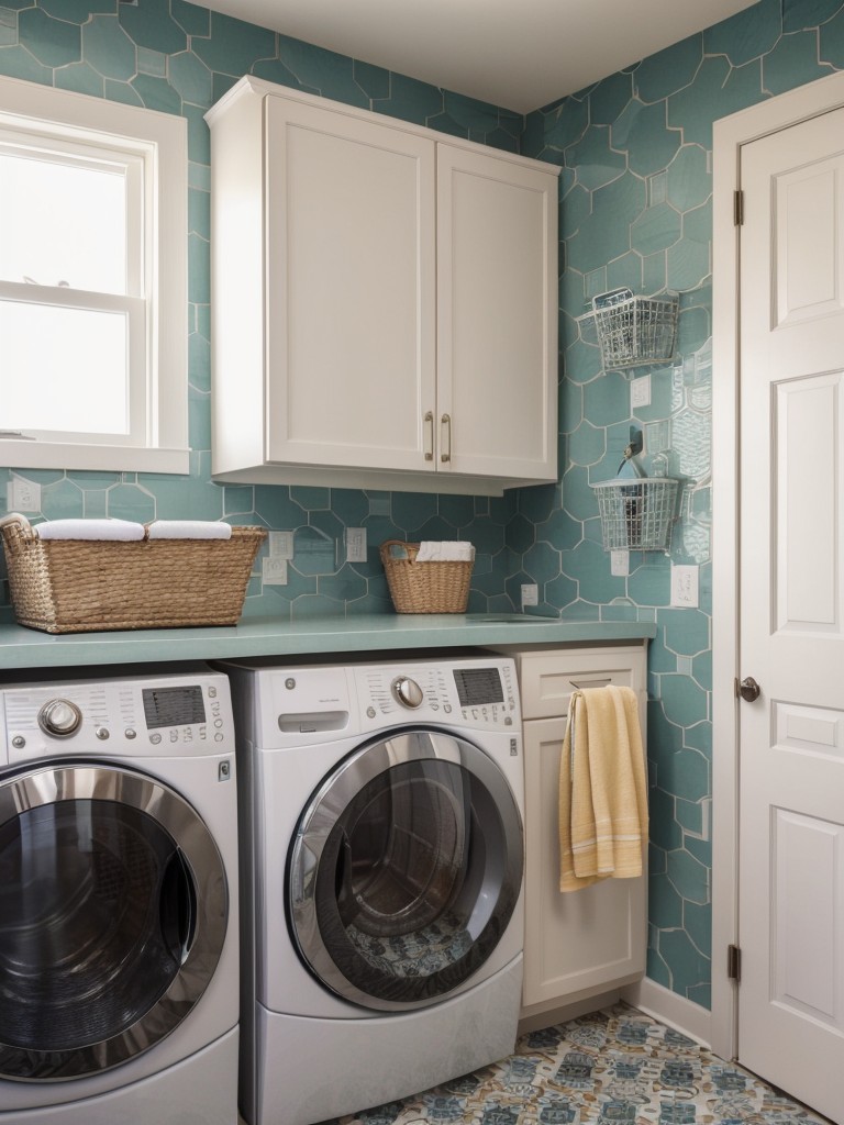 Use color and pattern to create visual interest in the laundry room, whether through wallpaper, backsplash tiles, or decorative laundry bags.