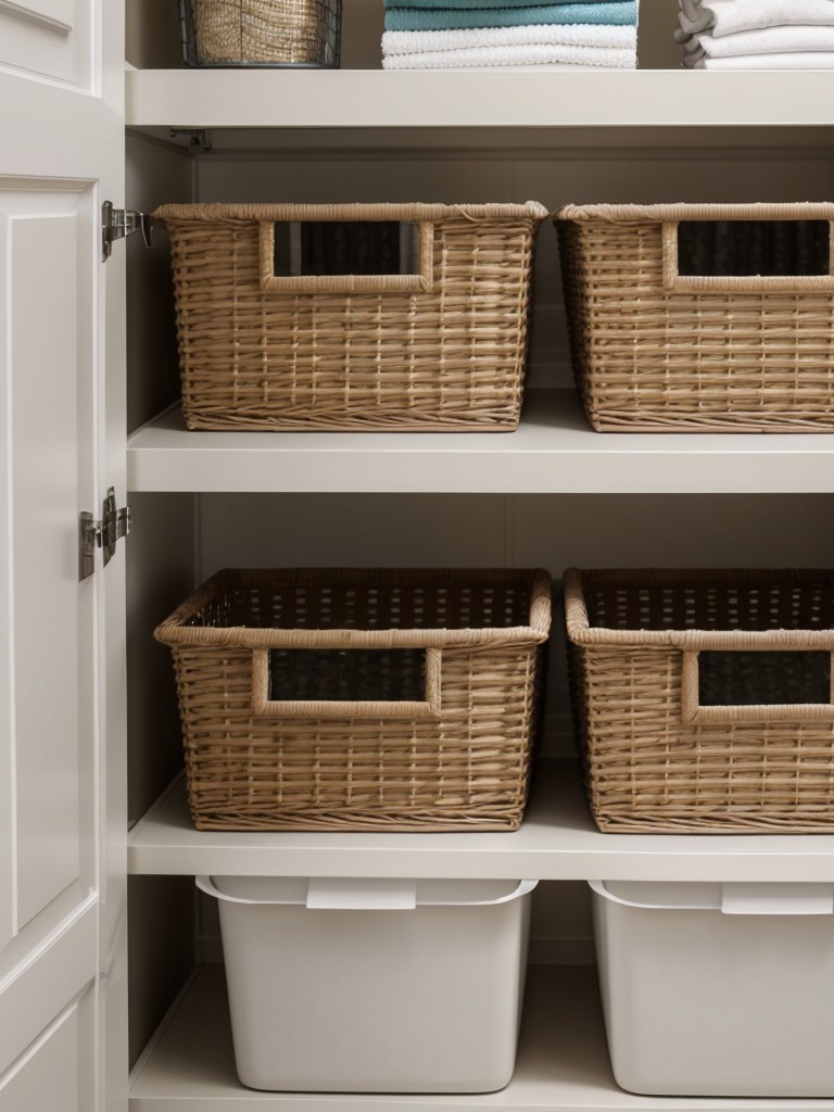 Use storage baskets or bins to sort and categorize laundry items, creating a clutter-free and organized environment.