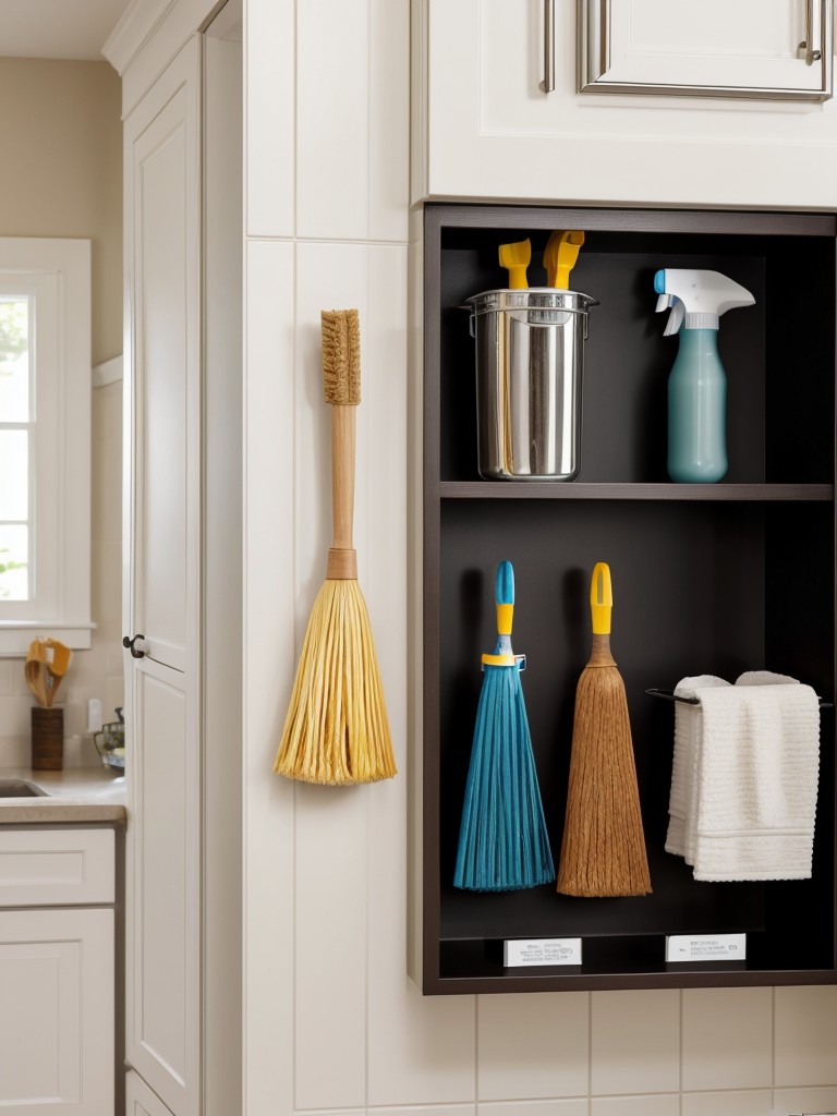 Utilize the backsplash area by installing a wall-mounted organizer or a peg rail system to hang items like brooms, mops, and cleaning tools.