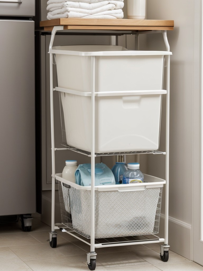 Utilize a narrow rolling cart or a portable laundry caddy to store and transport laundry essentials, reducing clutter in the small area.