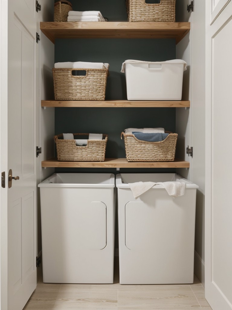 Utilize vertical wall space by installing floating shelves or wall-mounted cabinets to store laundry essentials and cleaning supplies.