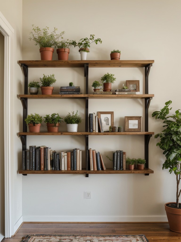 Make use of wall-mounted shelves to display books, plants, or decorative items.