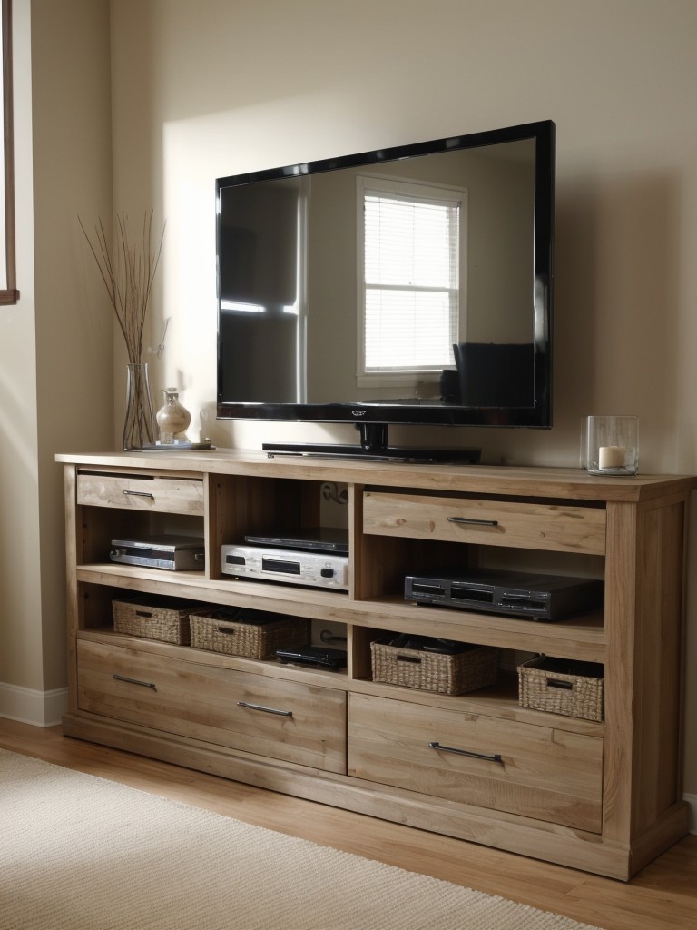 Consider using furniture pieces with built-in storage, such as storage benches or media consoles with compartments.