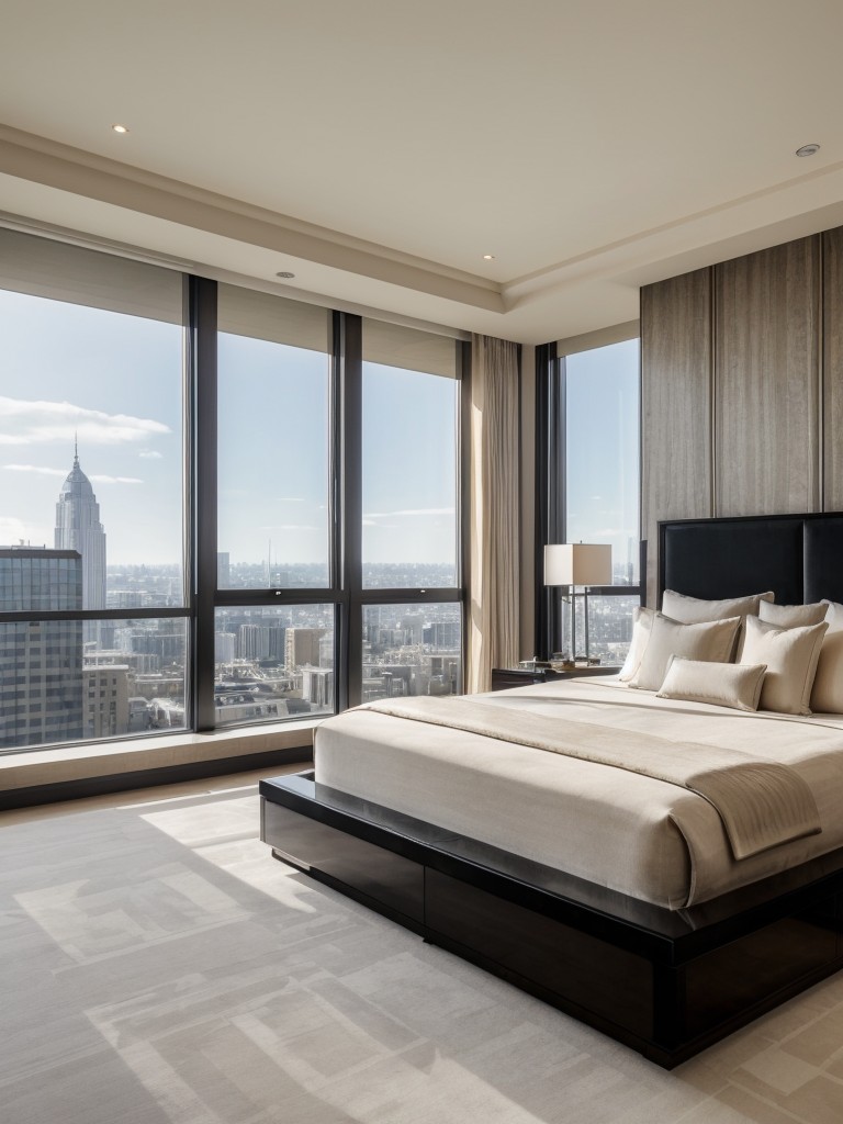 Bachelor penthouse bedroom with floor-to-ceiling windows, panoramic views, and luxury finishes like marble accents and a plush king-sized bed.