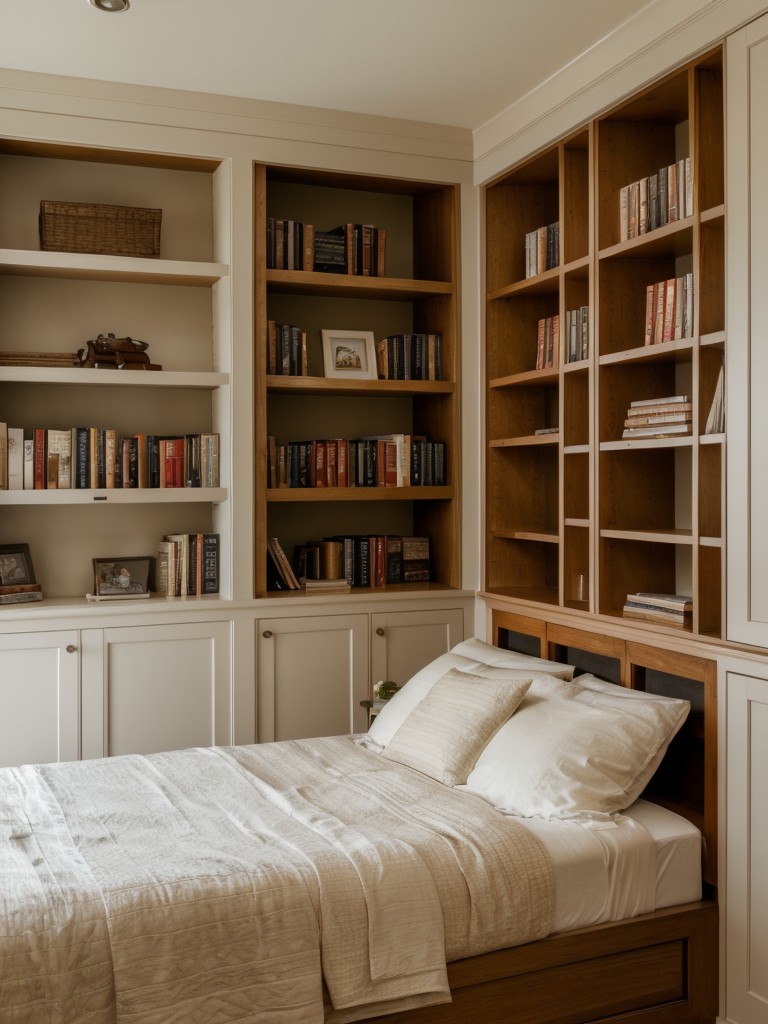 Bookworm's paradise bedroom with built-in bookshelves, cozy reading nooks, and literary-themed decor for the avid reader.