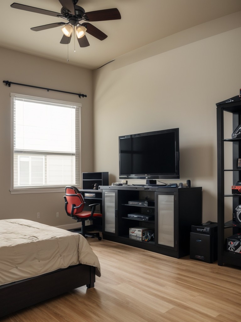 Gamer's paradise bedroom with dedicated gaming setup, ergonomic furniture, and gaming-themed decor for the ultimate gaming experience.