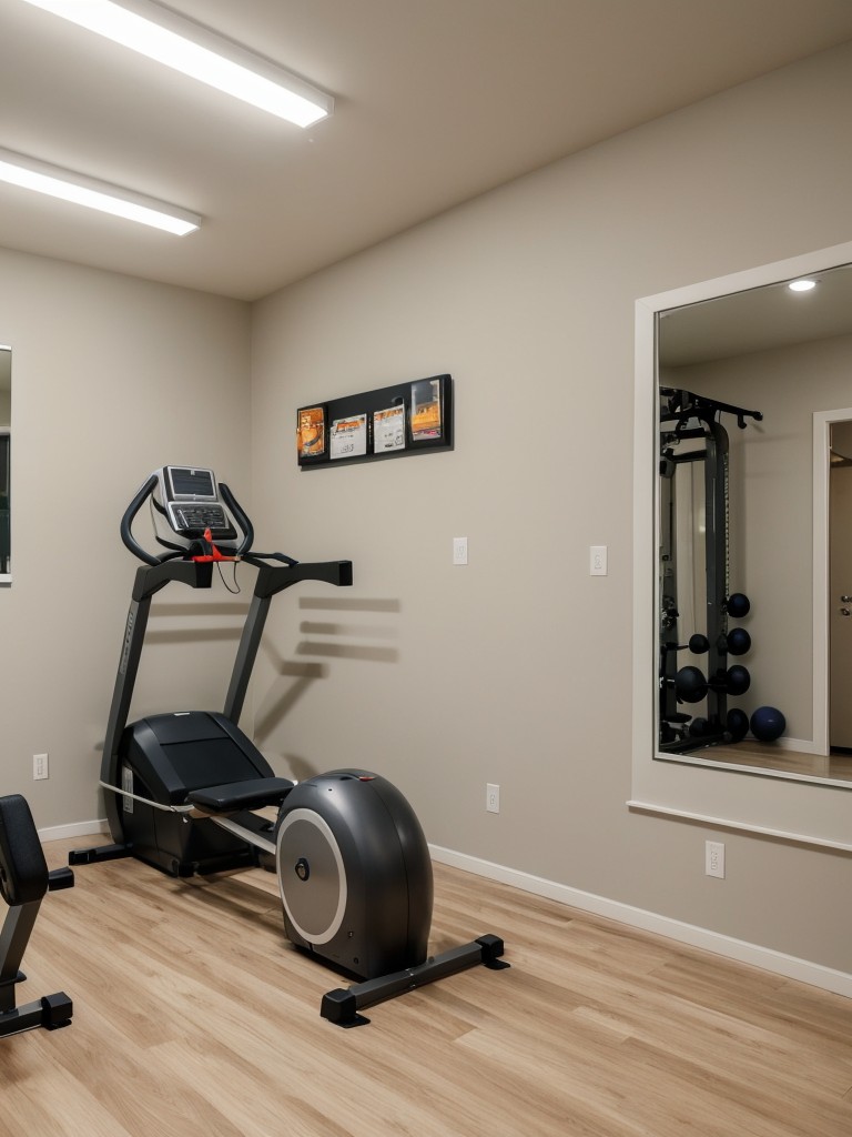 Home gym bedroom combo, incorporating fitness equipment, mirror walls, and space-saving storage solutions for a functional and efficient use of space.
