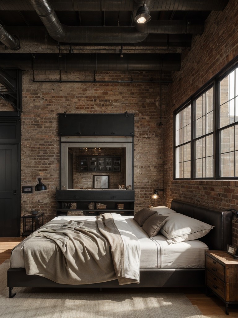 Masculine bedroom design with industrial elements, incorporating raw materials like exposed brick, metal accents, and leather furnishings.