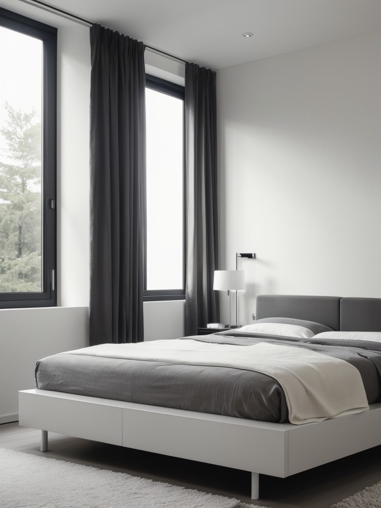 Minimalist men's bedroom with a monochromatic color scheme, sleek furniture, and simple, streamlined decor.