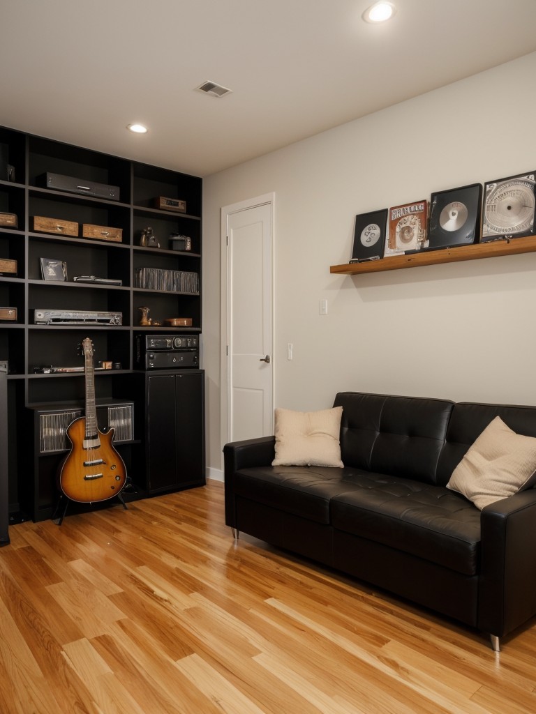 Music-inspired bedroom for the music enthusiast, featuring wall-mounted guitars, vinyl record storage, and soundproofing elements for a cozy and creative space.