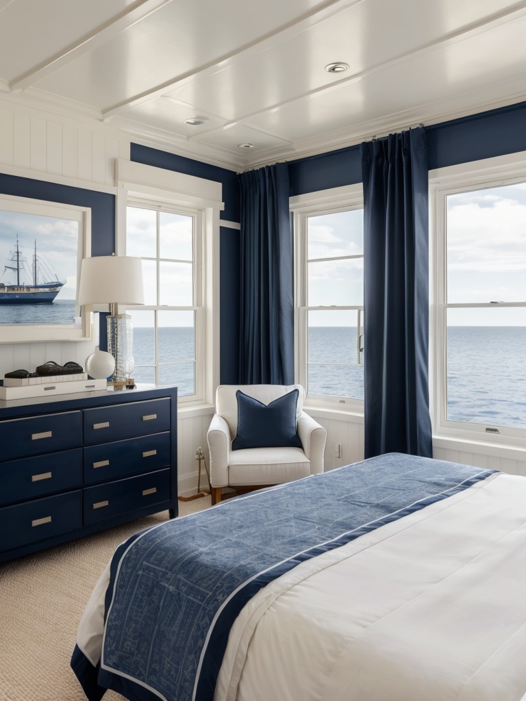 Nautical-inspired bedroom with navy and white color scheme, seafaring decor, and ship-inspired furnishings for a maritime vibe.