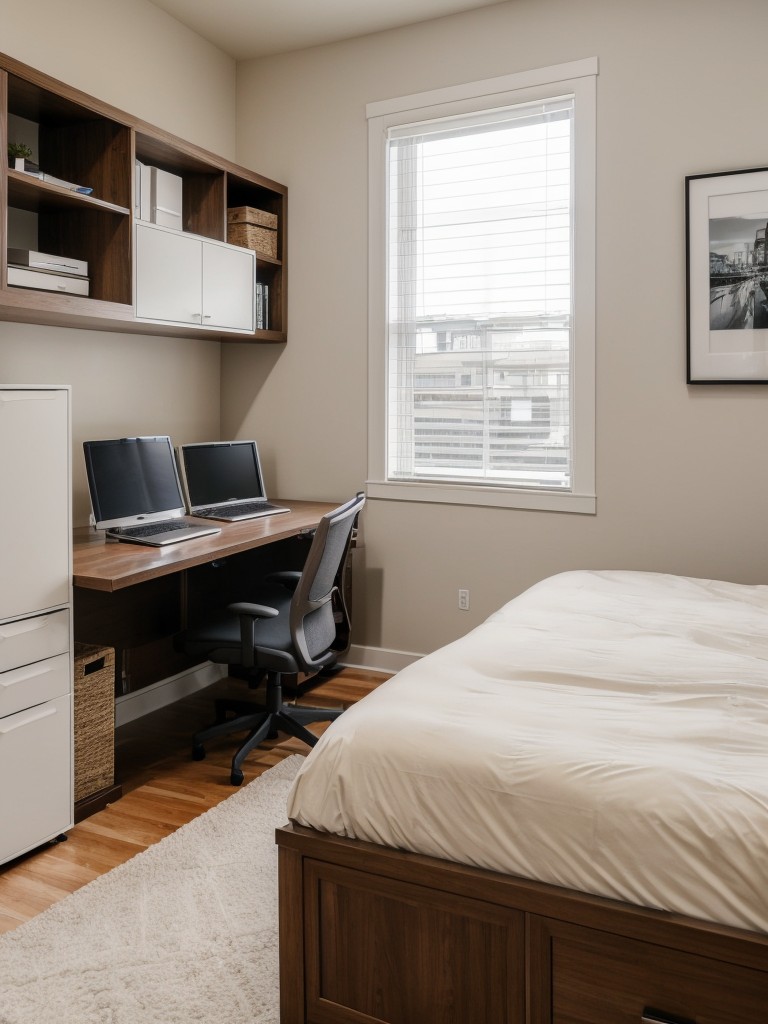 Professional work-from-home bedroom office with a dedicated workspace, ergonomic desk setup, and smart storage solutions for a productive and organized atmosphere.